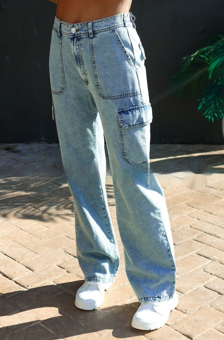 Pure Cotton Wash Denim Multi-pocket Cargo Pants