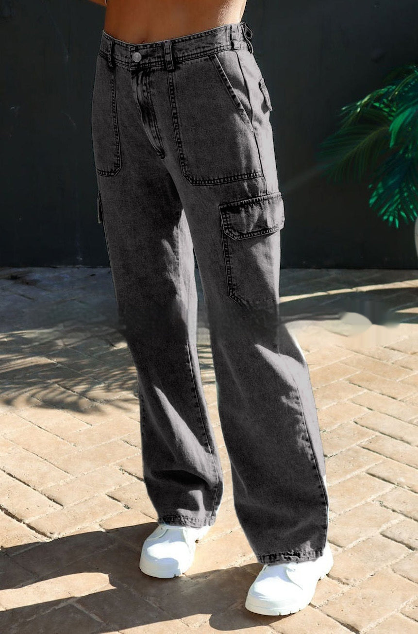 Pure Cotton Wash Denim Multi-pocket Cargo Pants