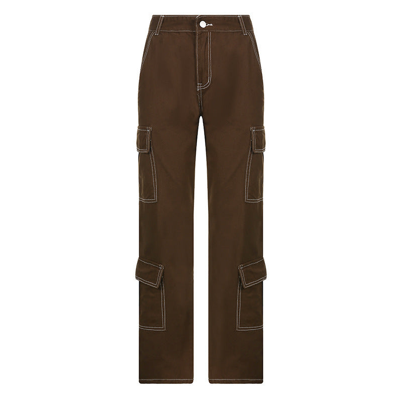 Brown Straight Pants Cargo Style Multi Pocket Retro Low Waist