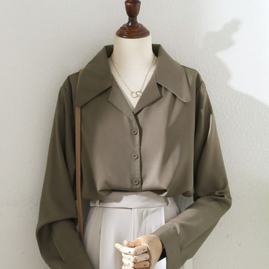 Vintage Dark Khaki Suit Collar Shirt