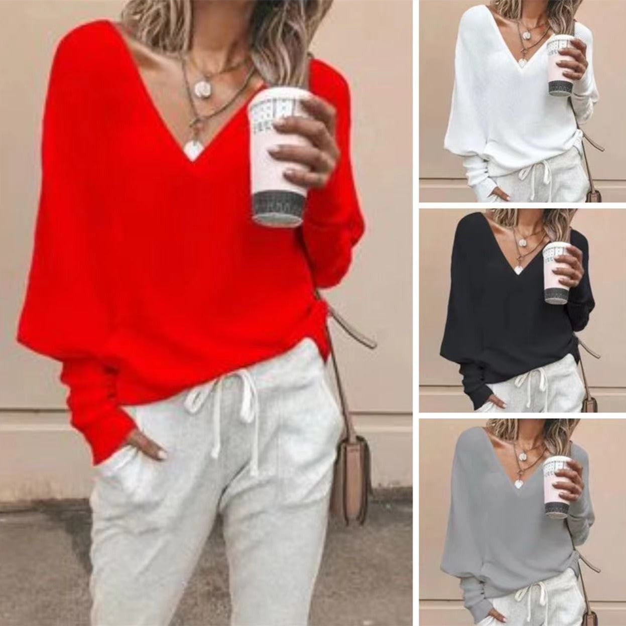 V-neck Batwing Sleeve Long Sleeve Top