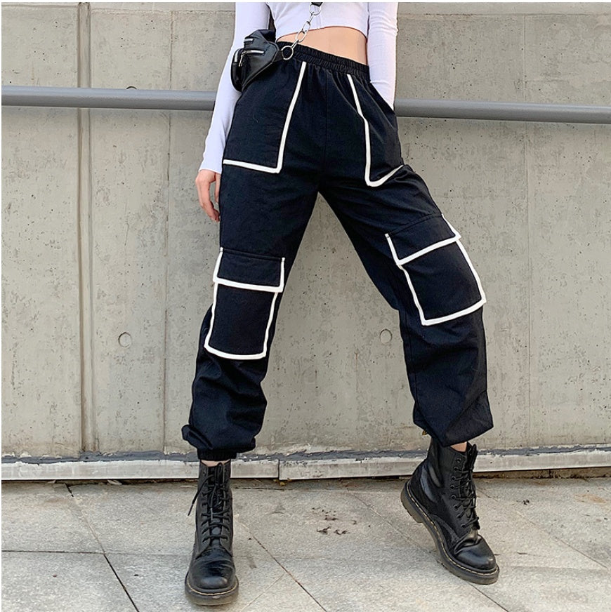 White Stripe Cargo Pants Women Trousers Pockets Patchwork