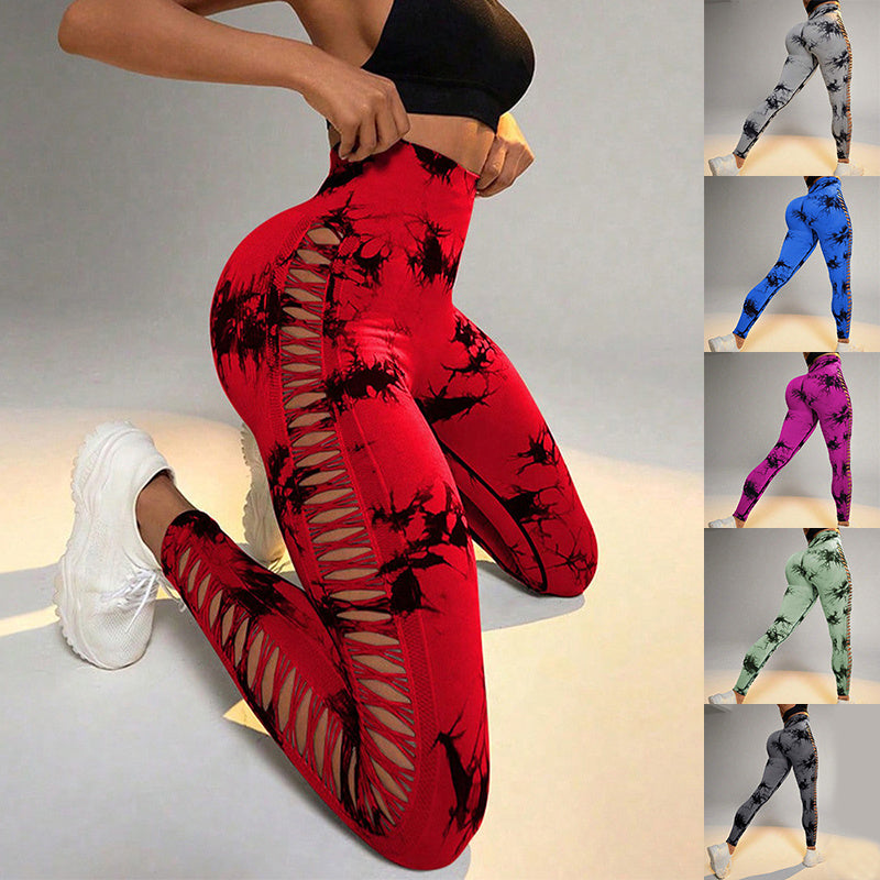 Hollow Tie Dye Printed Yoga Pants High Waist