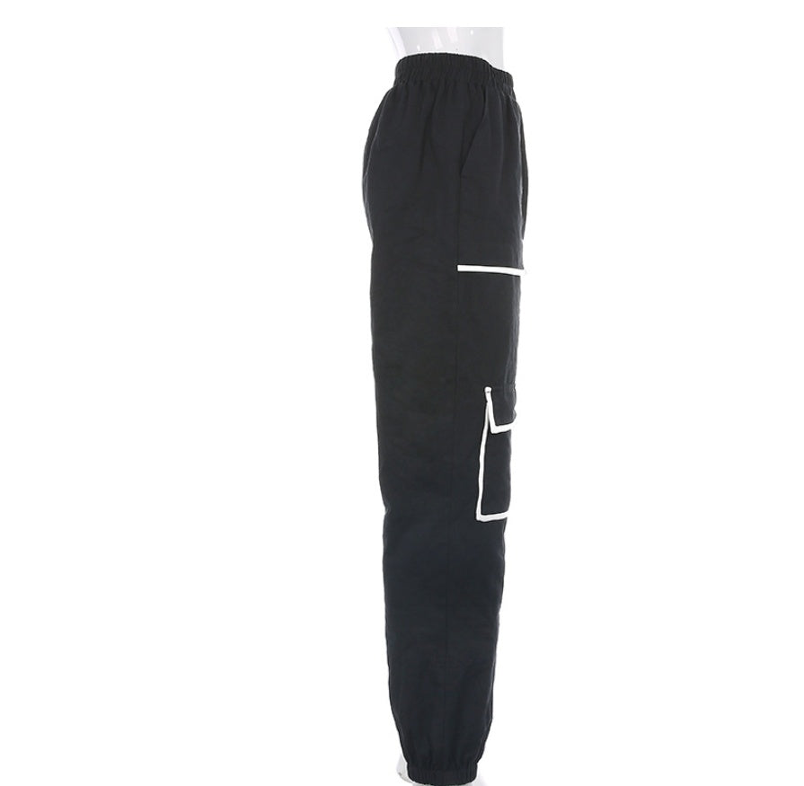 White Stripe Cargo Pants Women Trousers Pockets Patchwork