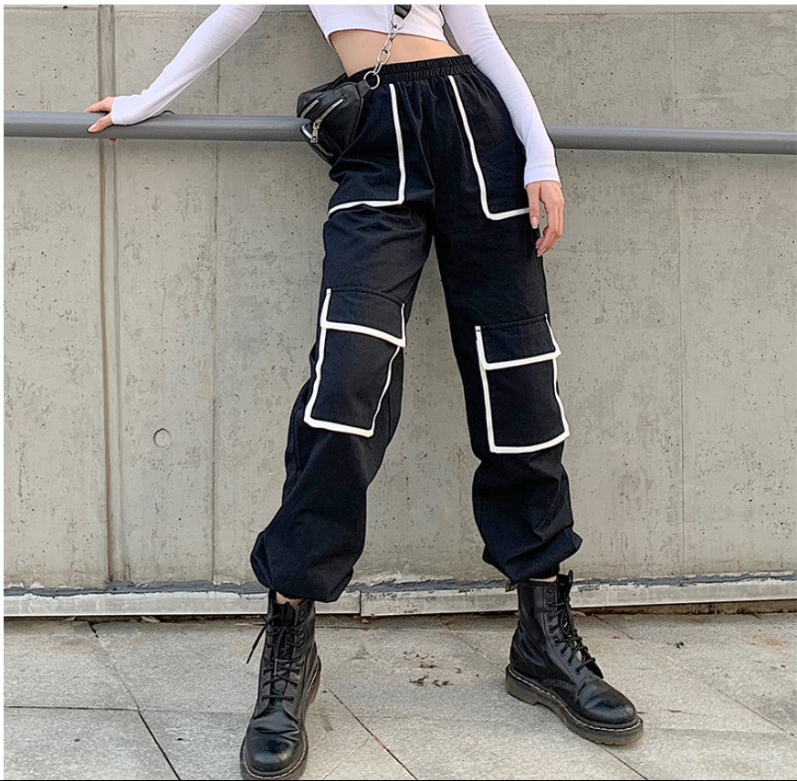 White Stripe Cargo Pants Women Trousers Pockets Patchwork