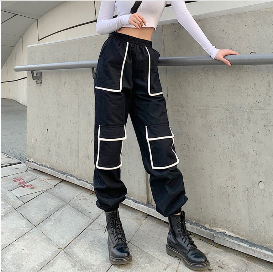 White Stripe Cargo Pants Women Trousers Pockets Patchwork