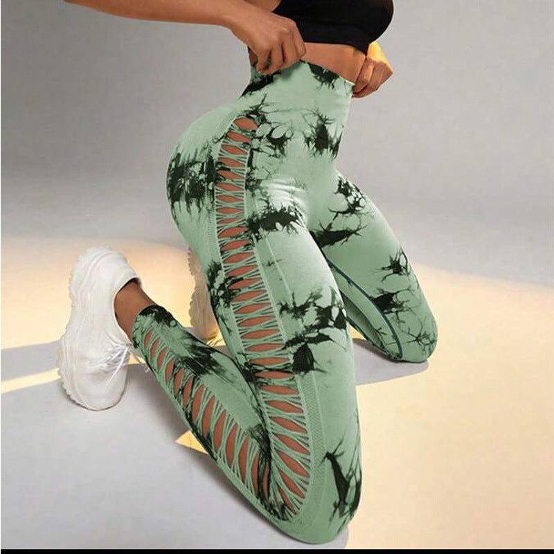 Hollow Tie Dye Printed Yoga Pants High Waist