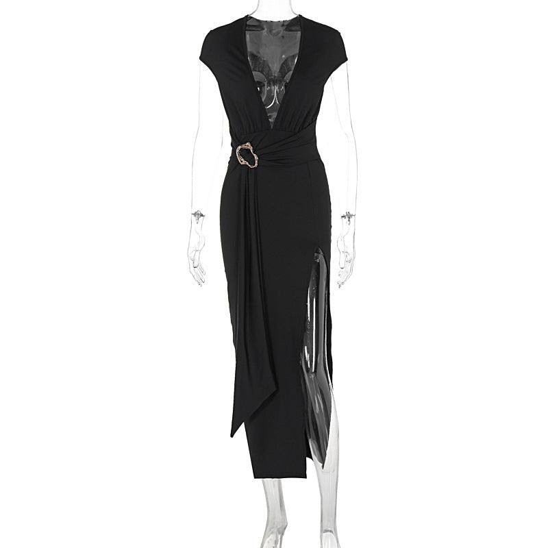 European And American New Deep V Self-tie Slit Dress Women