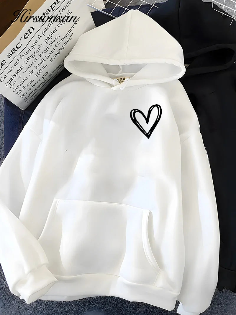 Hirsionsan Simplic Heart Print Women Sweatshirt Soft Casual Loose Vintage Female Hoodies