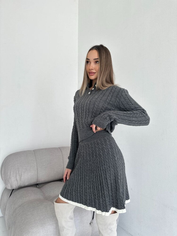 Long Sleeve Knitted Button Sweater Dress Suit