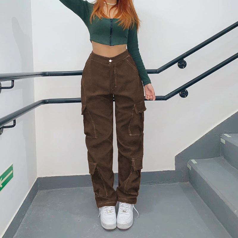 Brown Straight Pants Cargo Style Multi Pocket Retro Low Waist