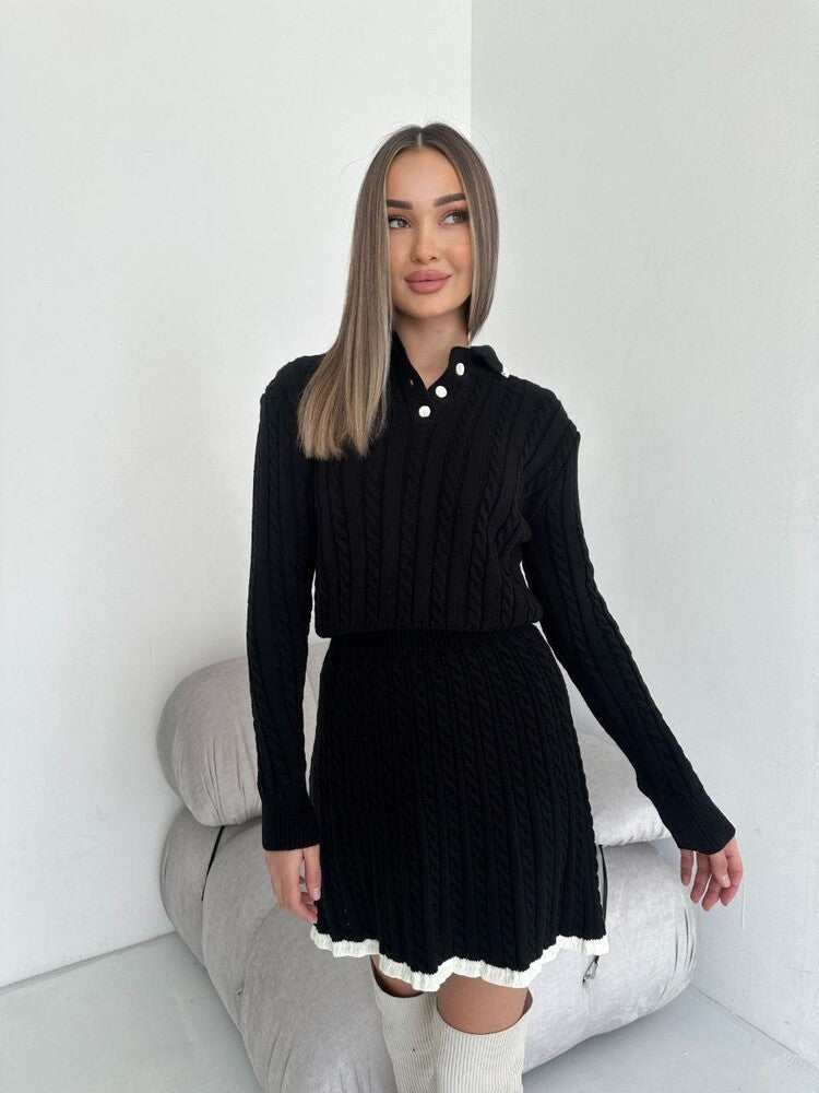 Long Sleeve Knitted Button Sweater Dress Suit