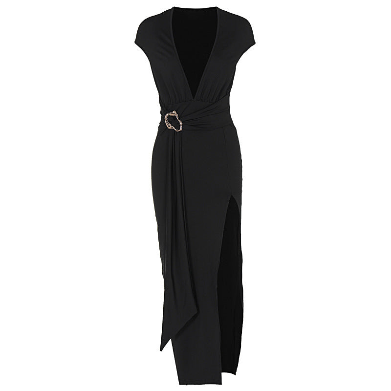 European And American New Deep V Self-tie Slit Dress Women