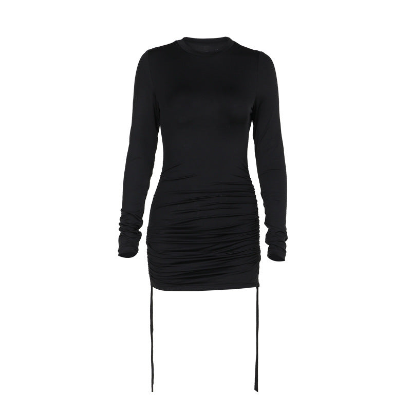 Fashionable Elegant Sexy Drawstring Pleated Long Sleeve Dress Women