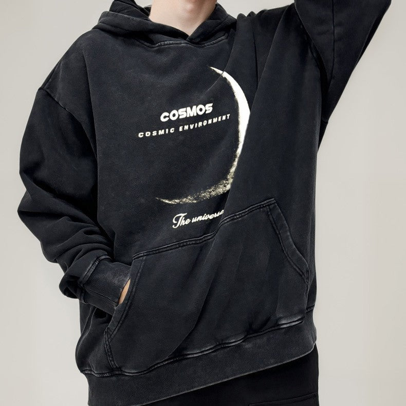 American Retro Washed Black Cotton Hoodie