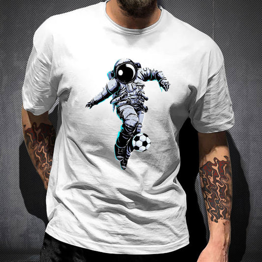 Astronauts Playing Football Letters Printed Men's Short-sleeved T-shirts