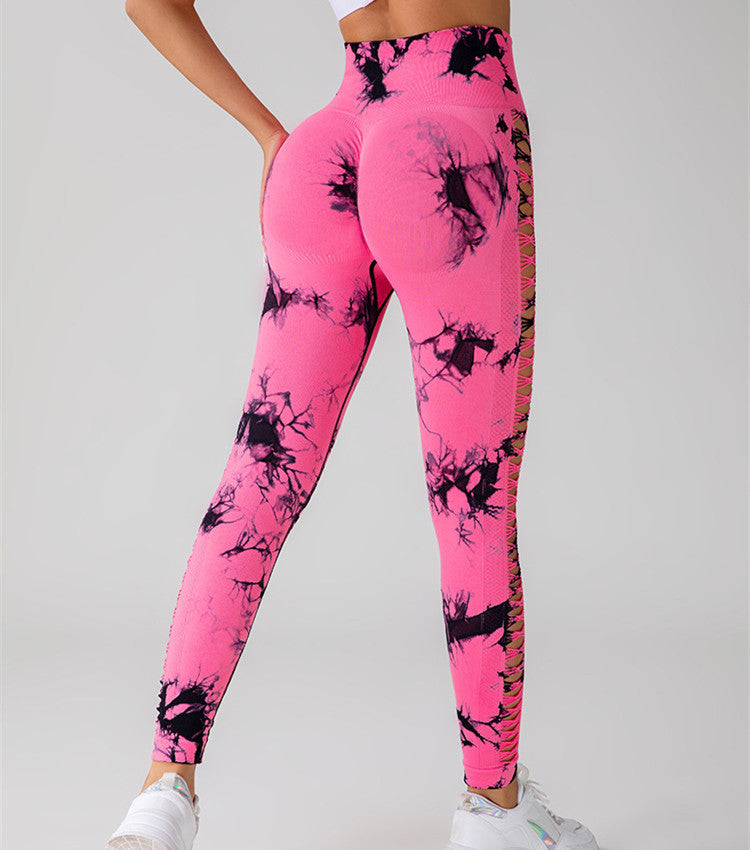 Hollow Tie Dye Printed Yoga Pants High Waist