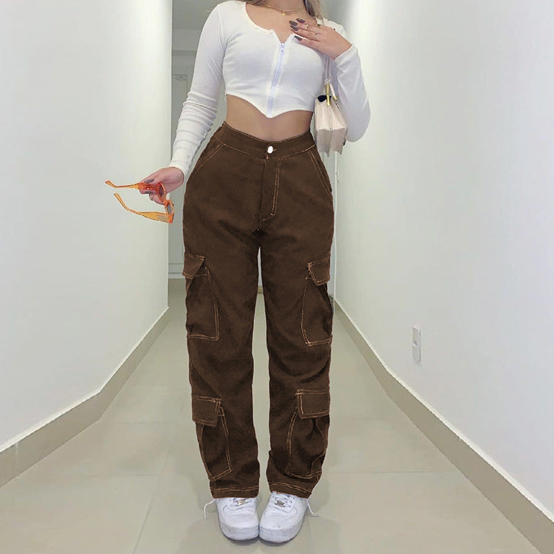 Brown Straight Pants Cargo Style Multi Pocket Retro Low Waist