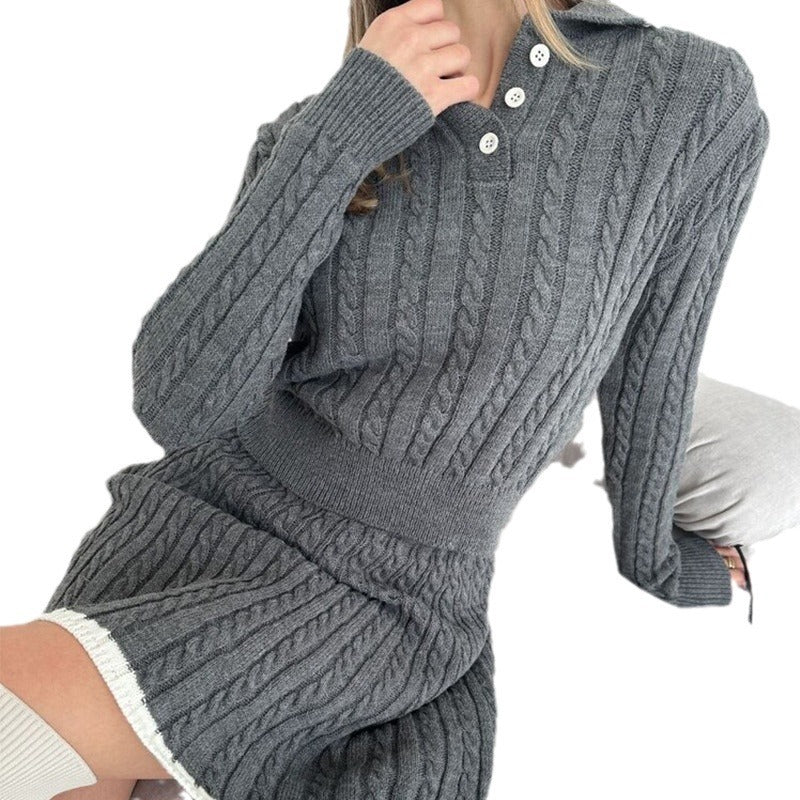 Long Sleeve Knitted Button Sweater Dress Suit